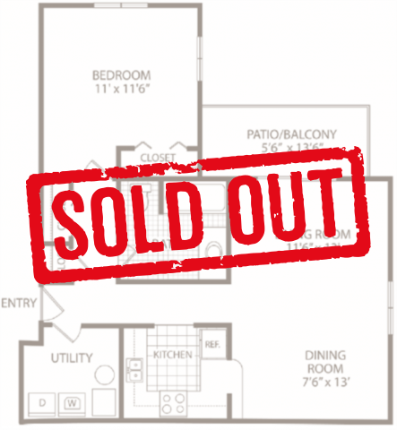 Floor plan for 1 bed, 1 bath, 750 sqft